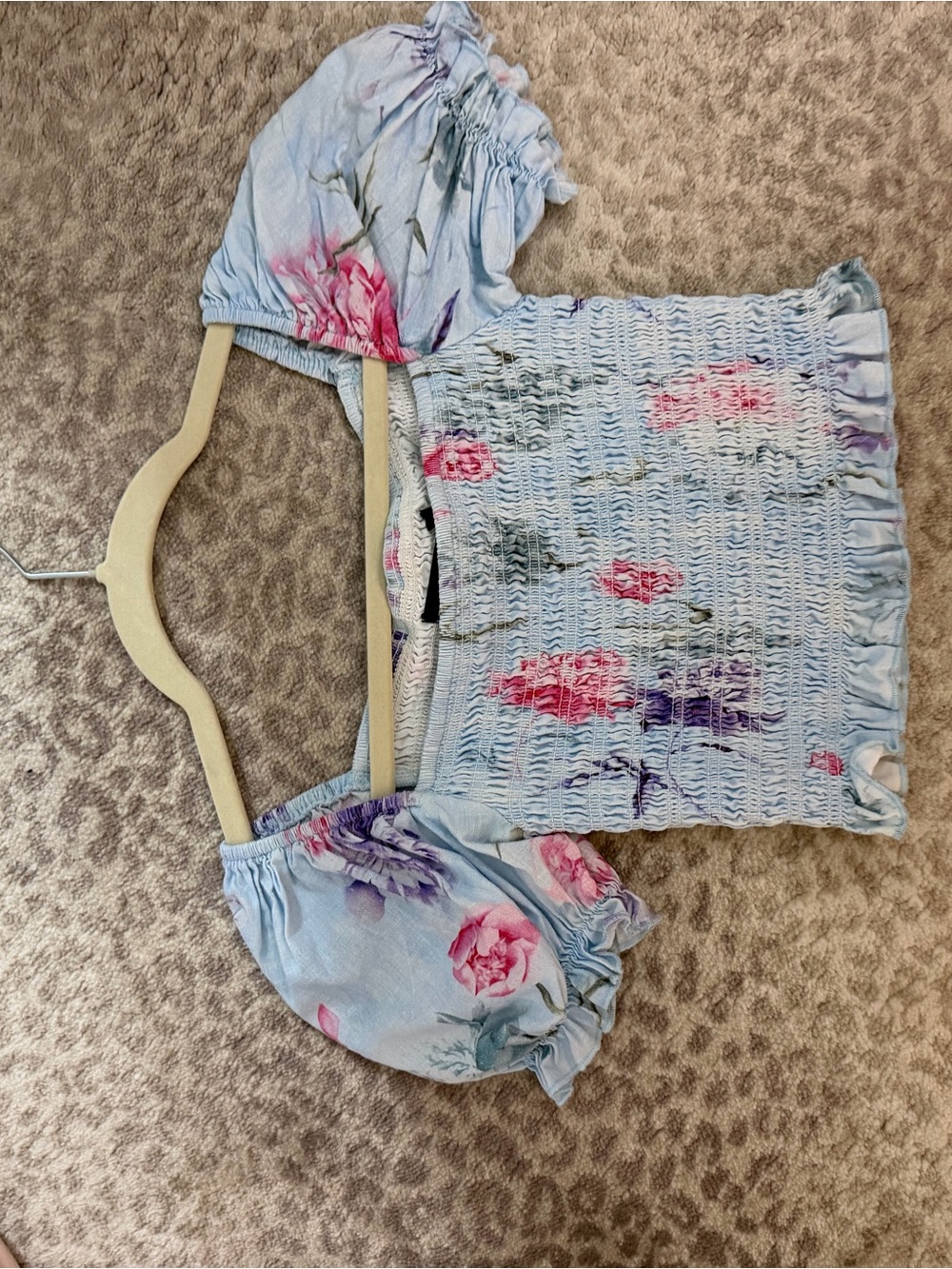 Katie J NYC Light Blue Floral Smocked Puff Sleeve Top